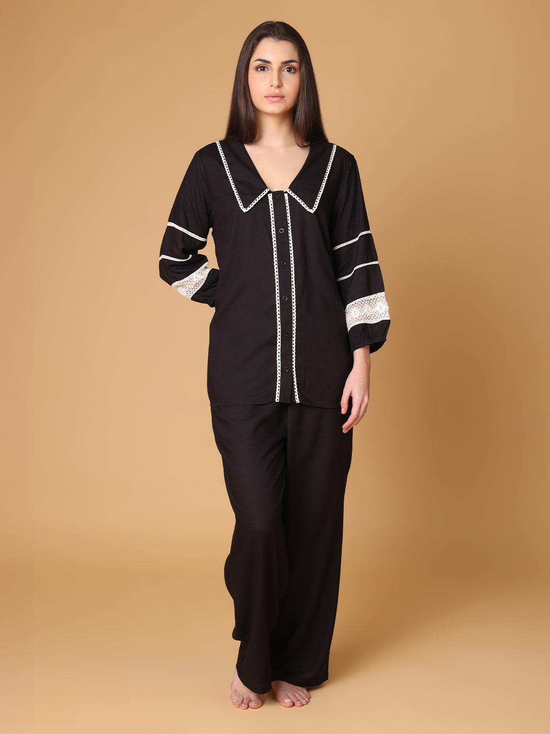Black Collared Nightwear With Lace Inserts In Sleeves