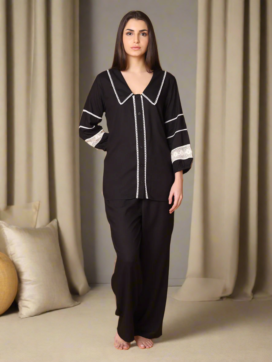 Black Collared Nightwear With Lace Inserts In Sleeves
