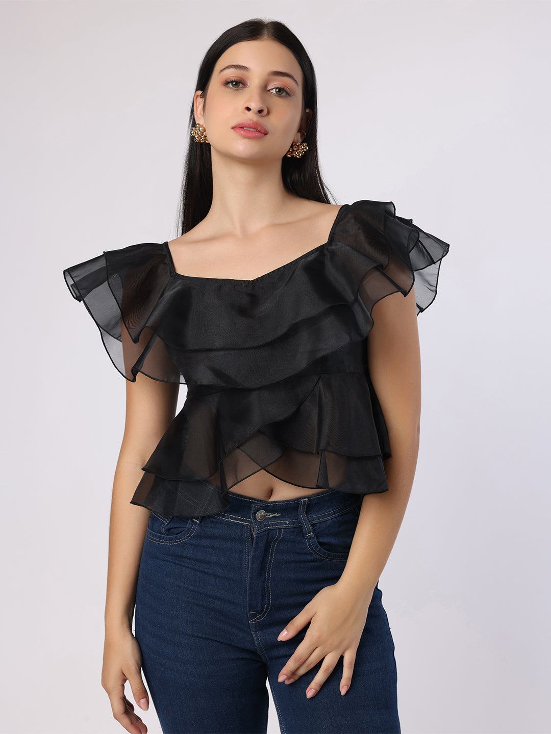 Black Double Layered Frill Organza Top