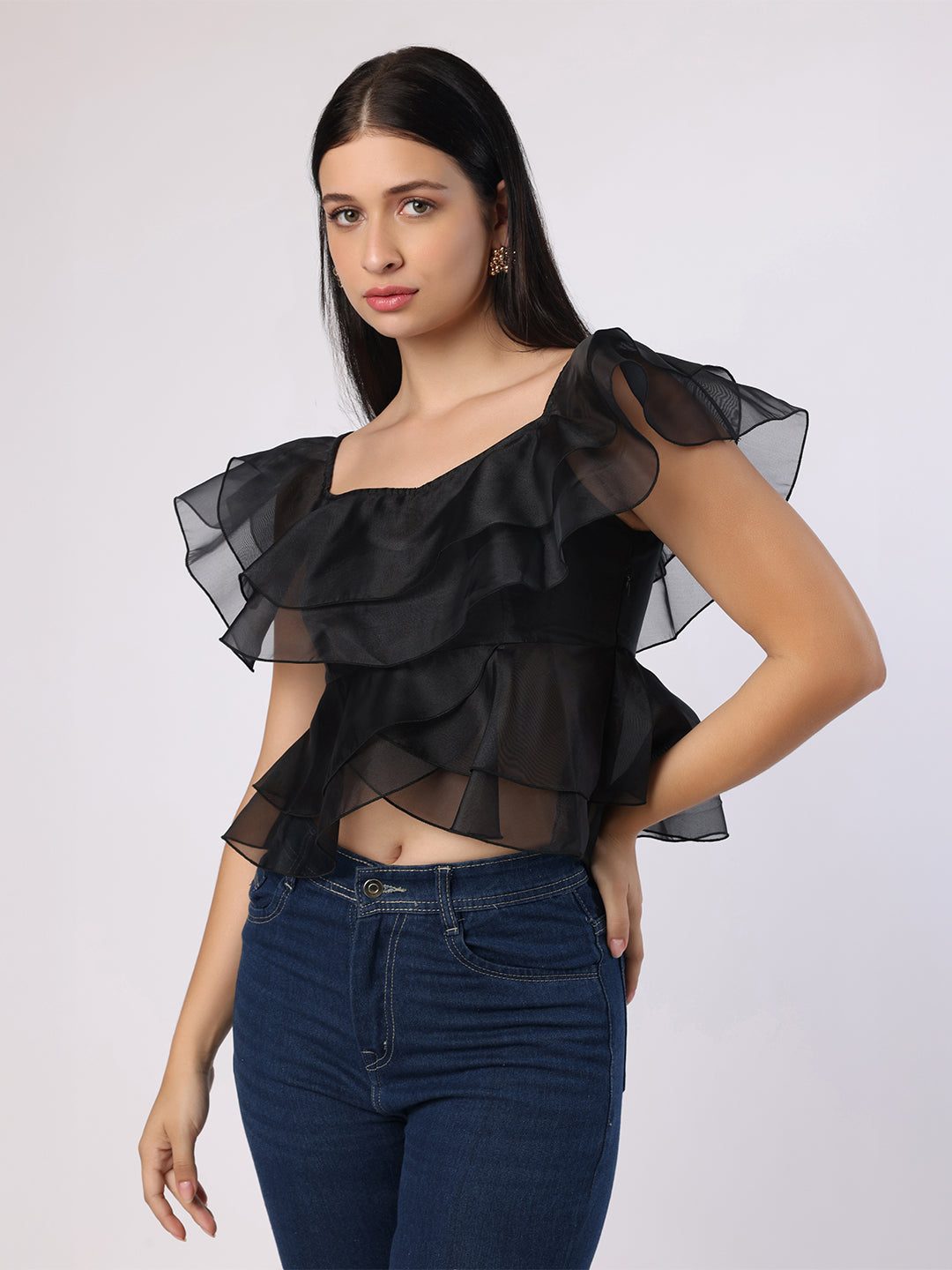 Black Double Layered Frill Organza Top