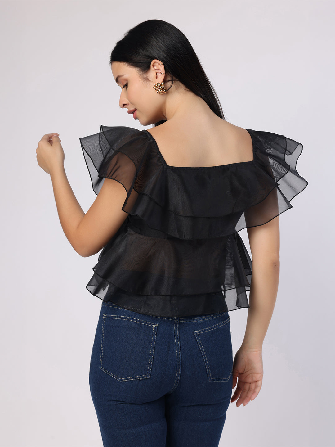 Black Double Layered Frill Organza Top
