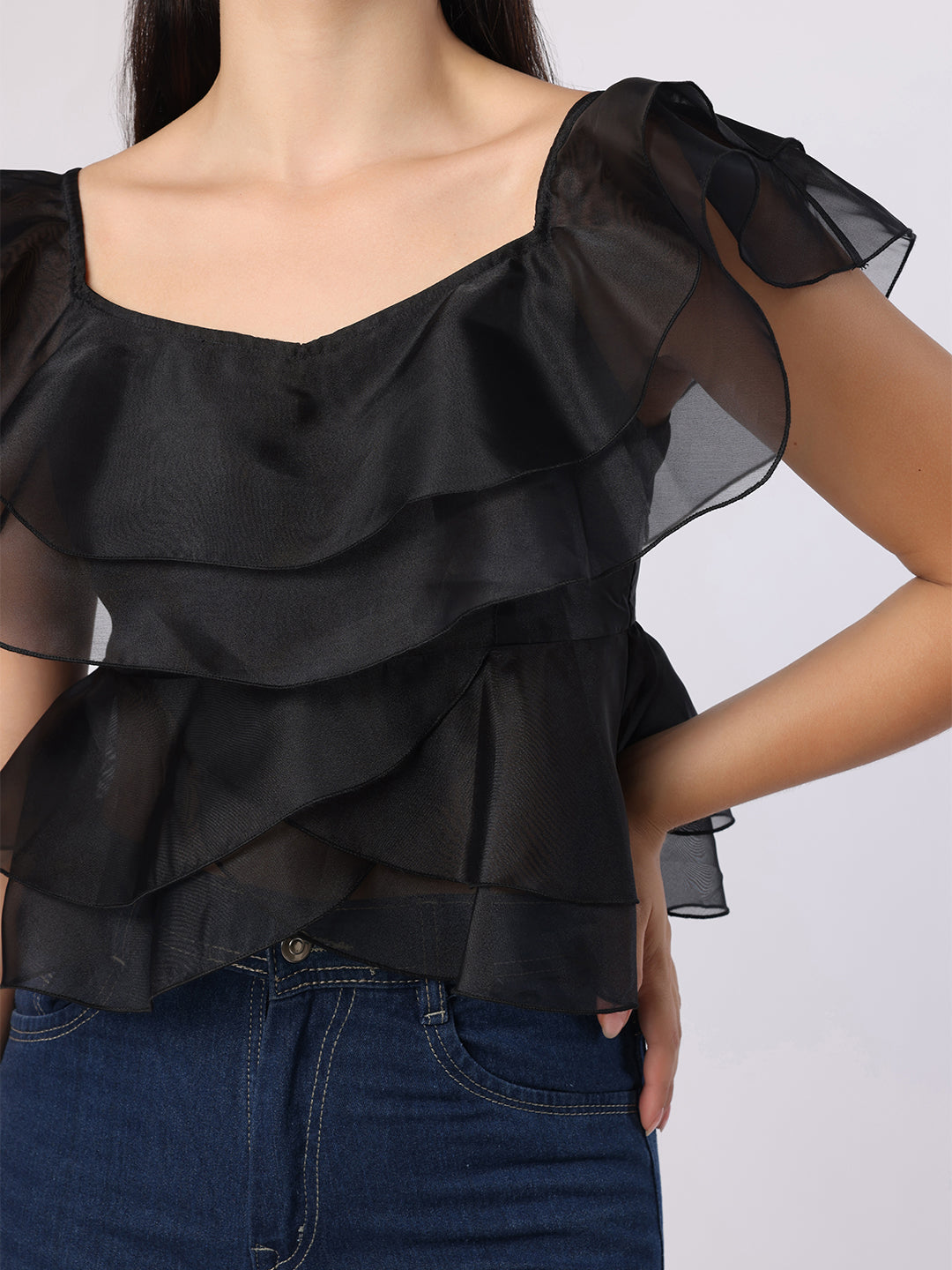 Black Double Layered Frill Organza Top