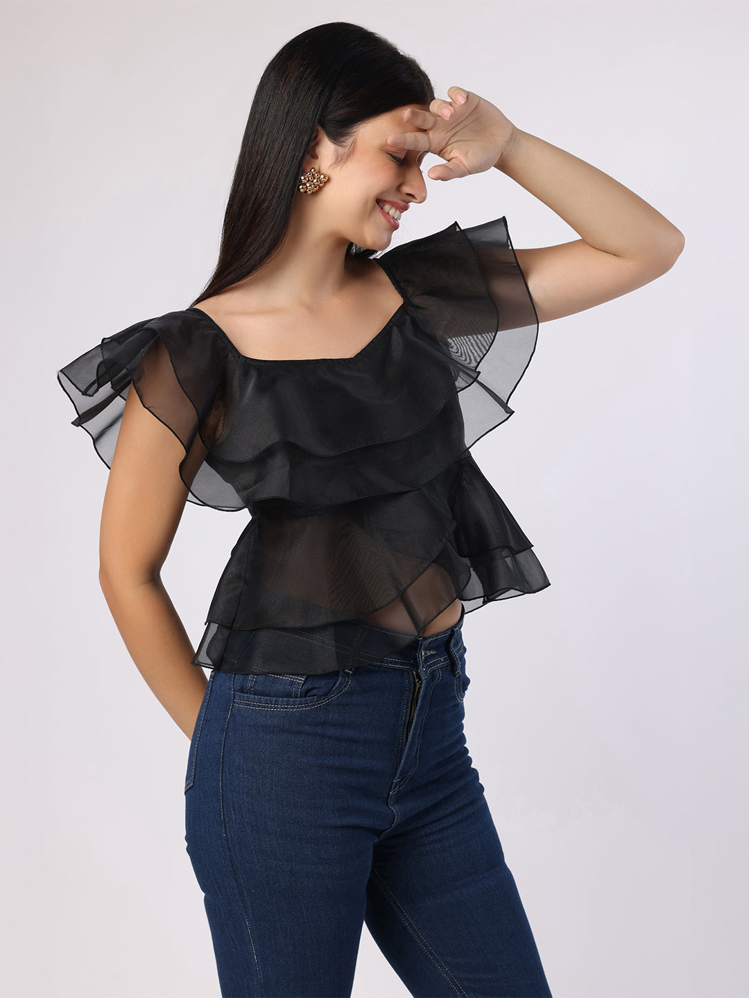 Black Double Layered Frill Organza Top