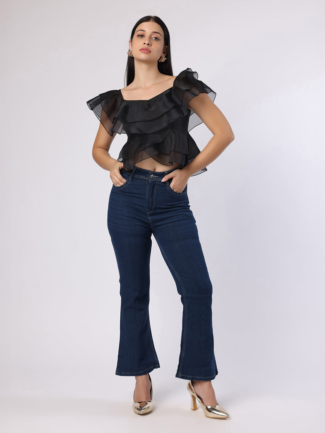 Black Double Layered Frill Organza Top