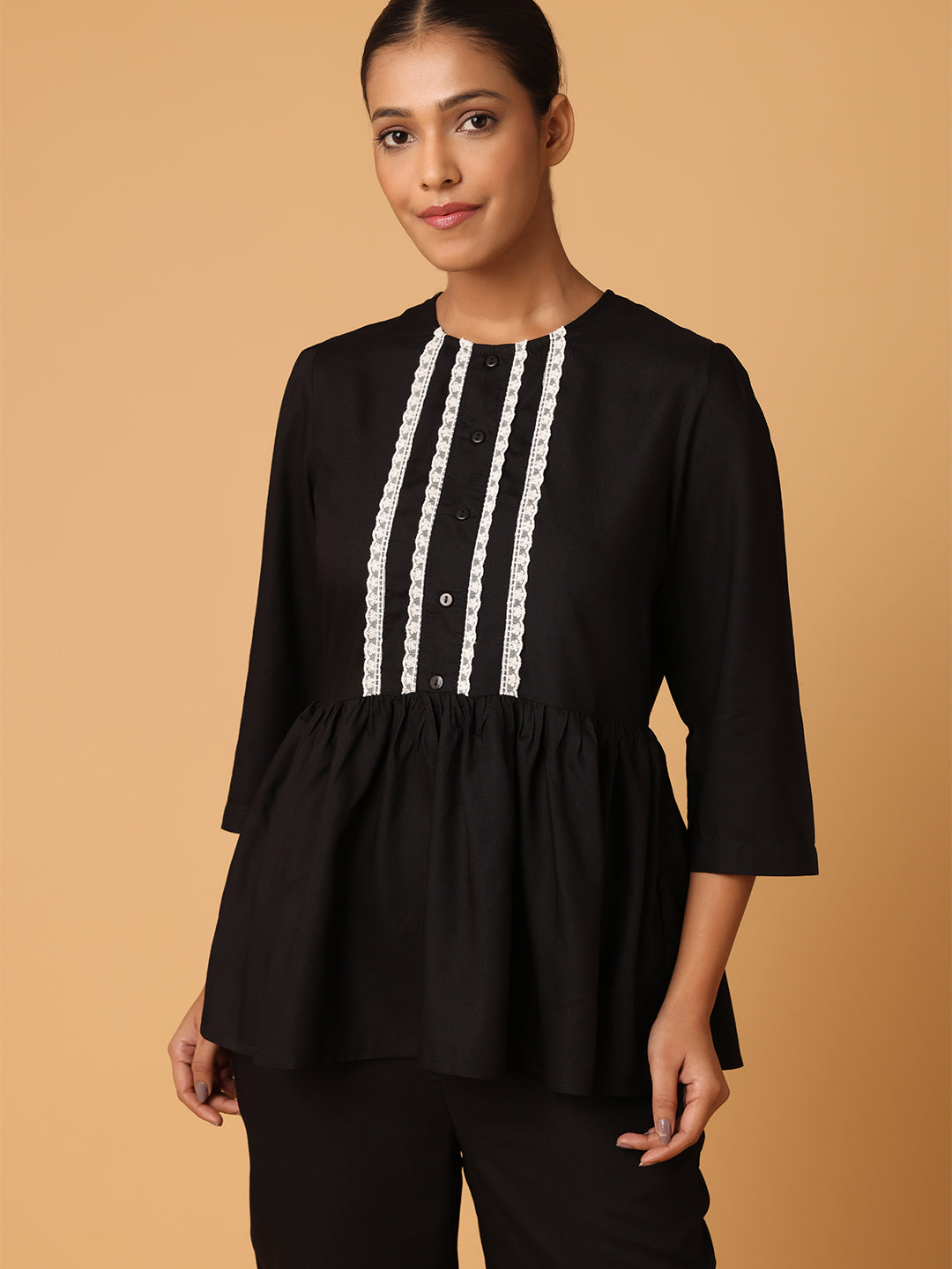 Black Nightwear With Lace Yoke Detail