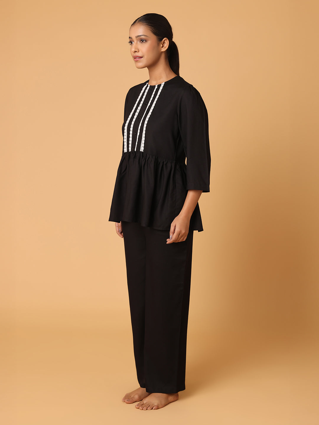 Black Nightwear With Lace Yoke Detail