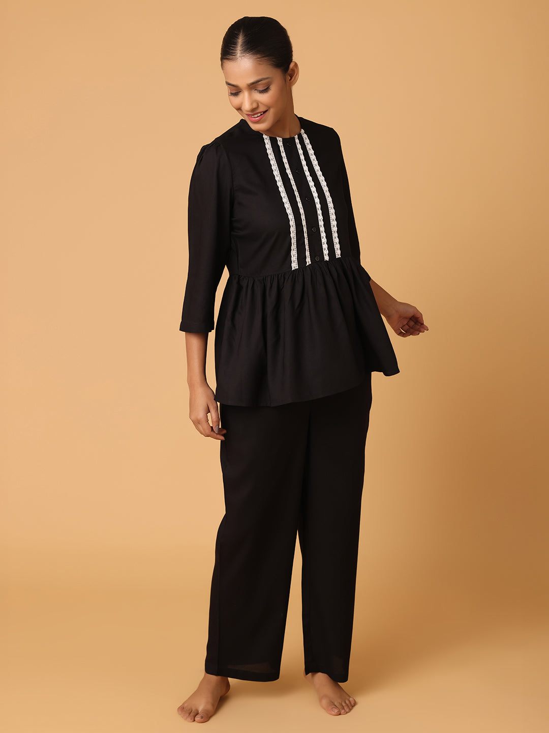 Black Nightwear With Lace Yoke Detail