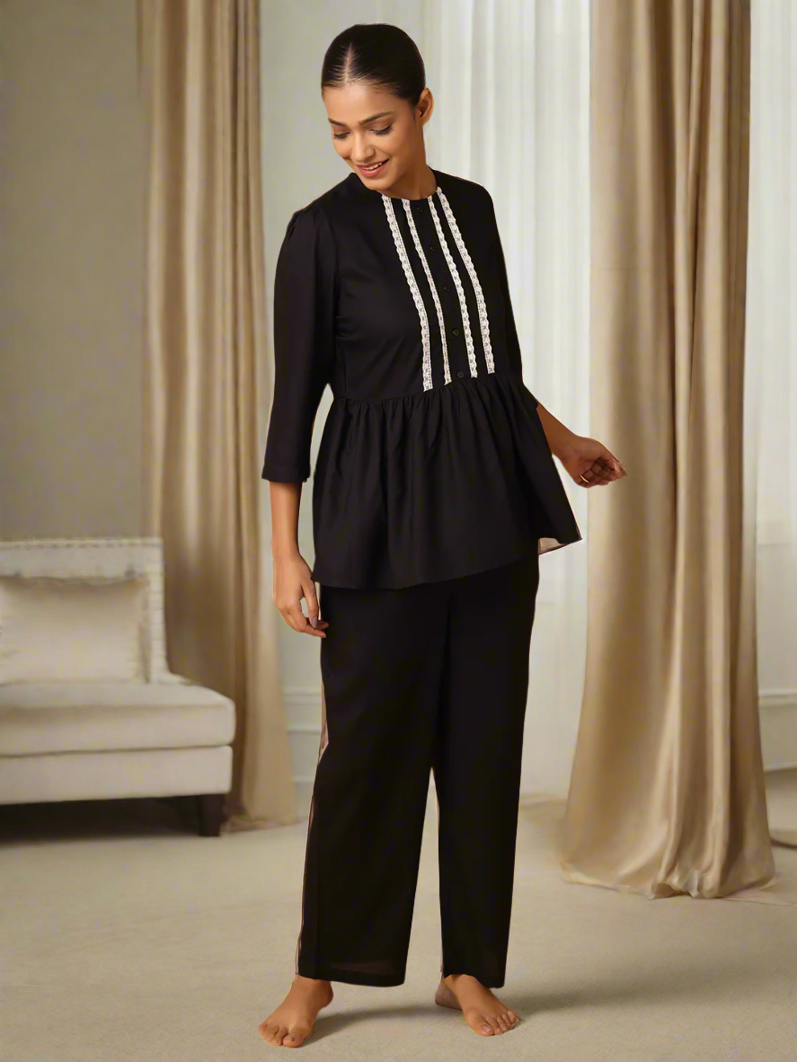 Black Nightwear With Lace Yoke Detail