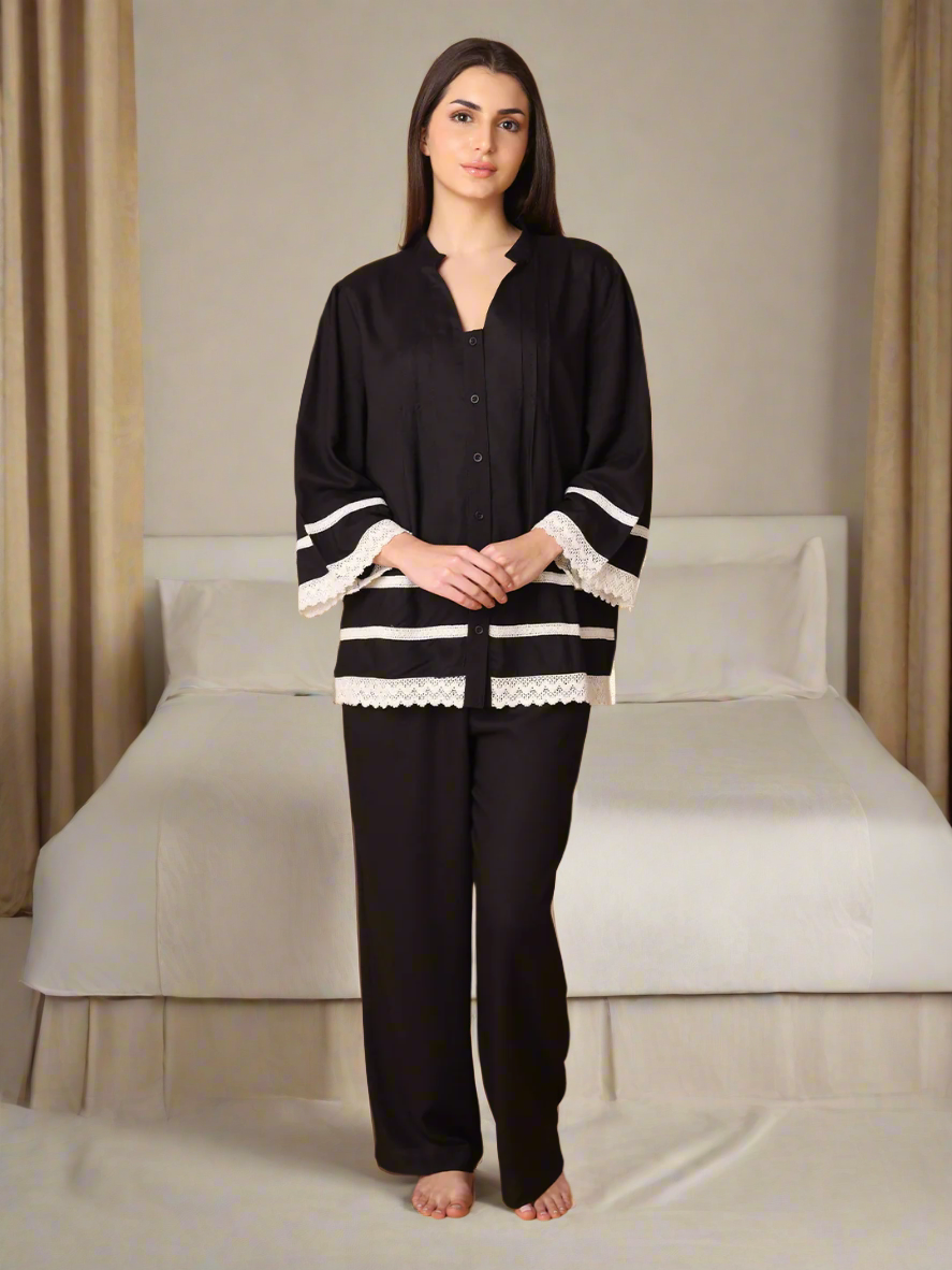 Black Nightwear with Lace Detail At Sleeves And Hem