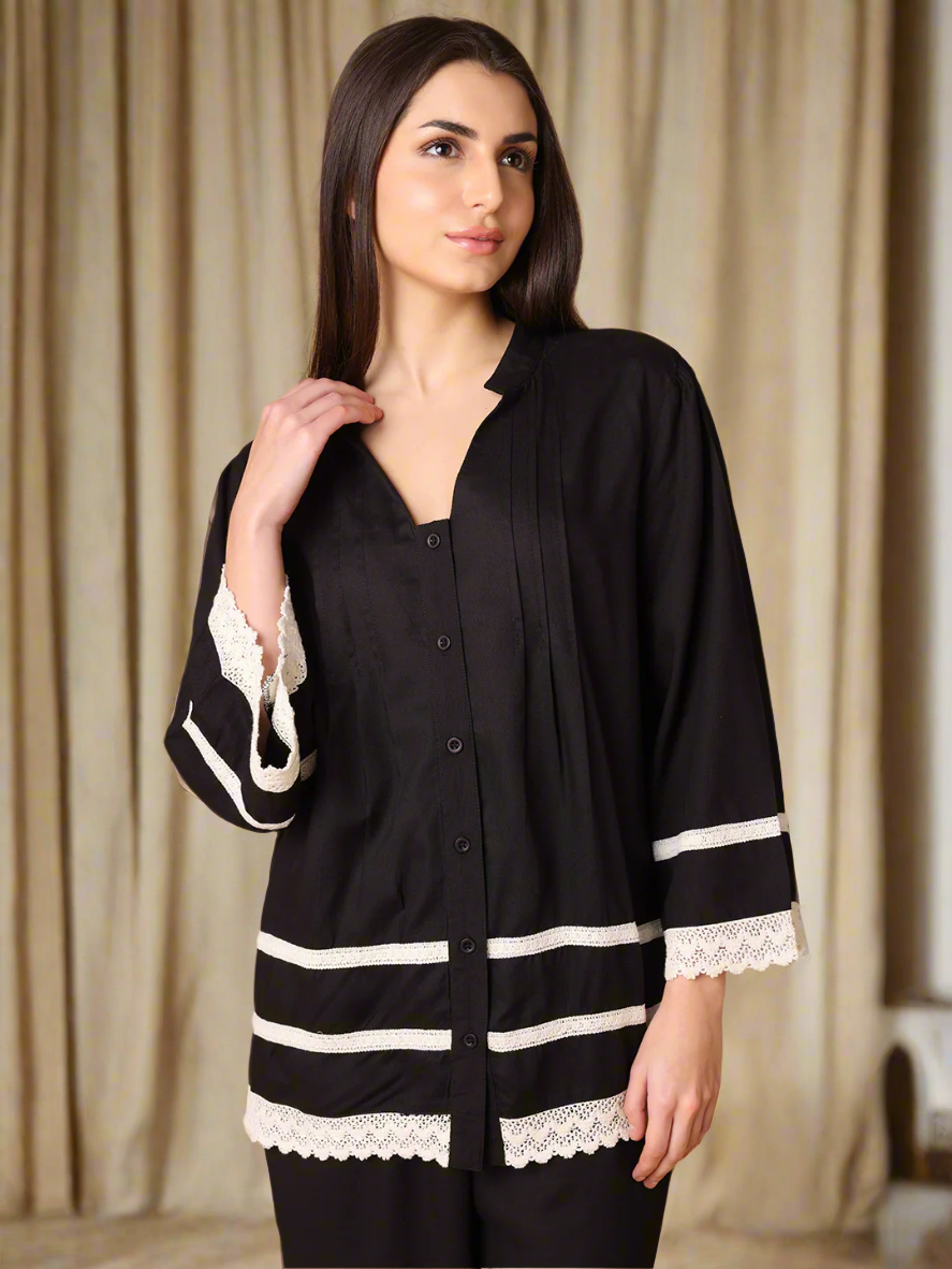 Black Nightwear with Lace Detail At Sleeves And Hem