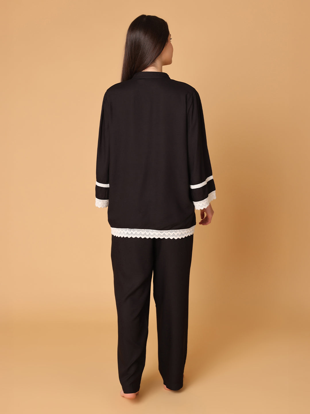 Black Nightwear with Lace Detail At Sleeves And Hem