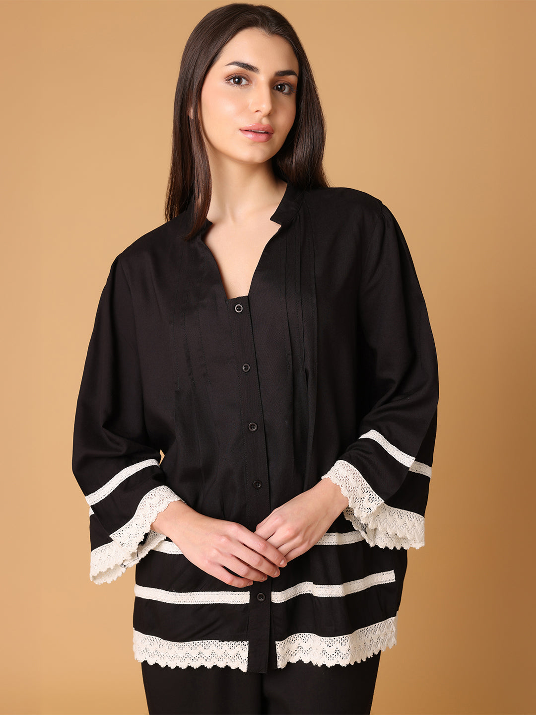 Black Nightwear with Lace Detail At Sleeves And Hem