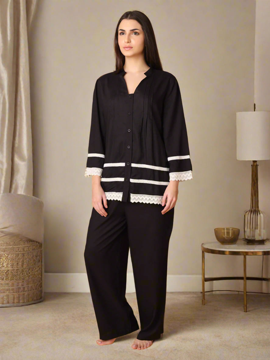 Black Nightwear with Lace Detail At Sleeves And Hem