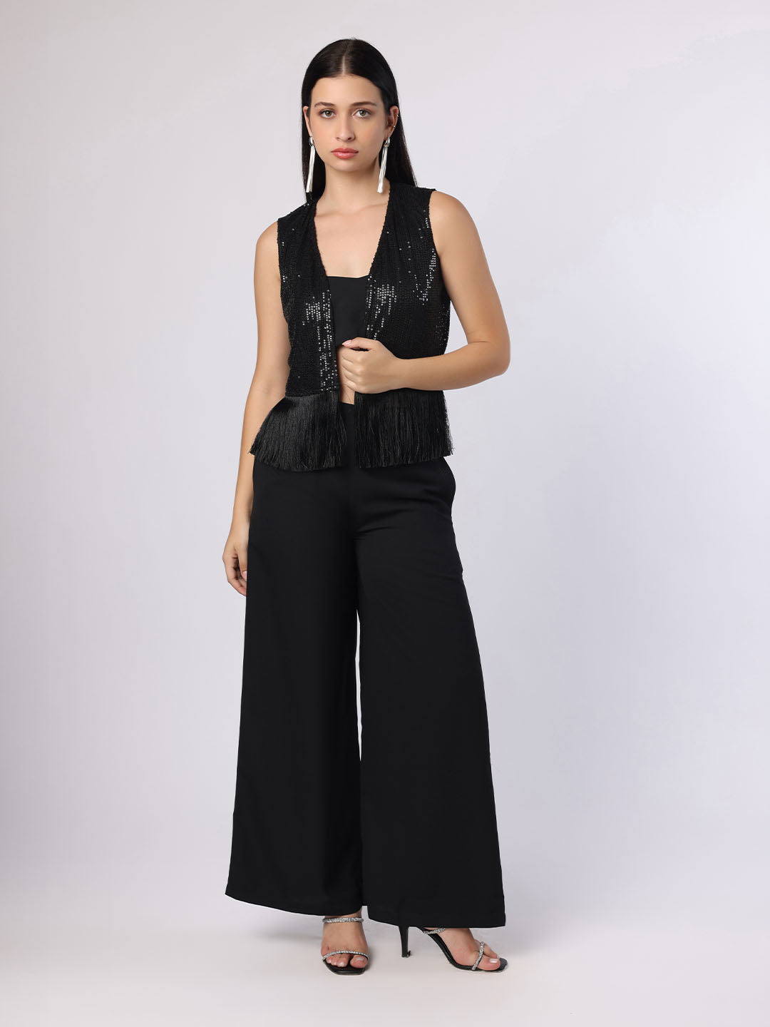 Black Party 3Pc Set With Sequinned Shrug Cami And Trousers