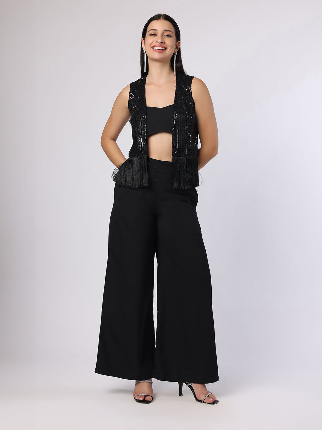 Black Party 3Pc Set With Sequinned Shrug Cami And Trousers