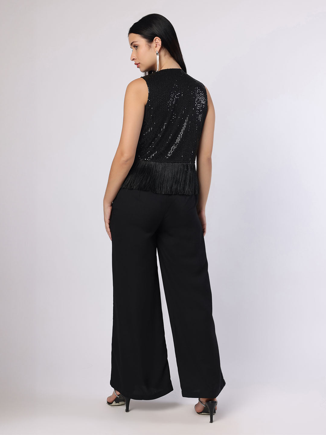 Black Party 3Pc Set With Sequinned Shrug Cami And Trousers