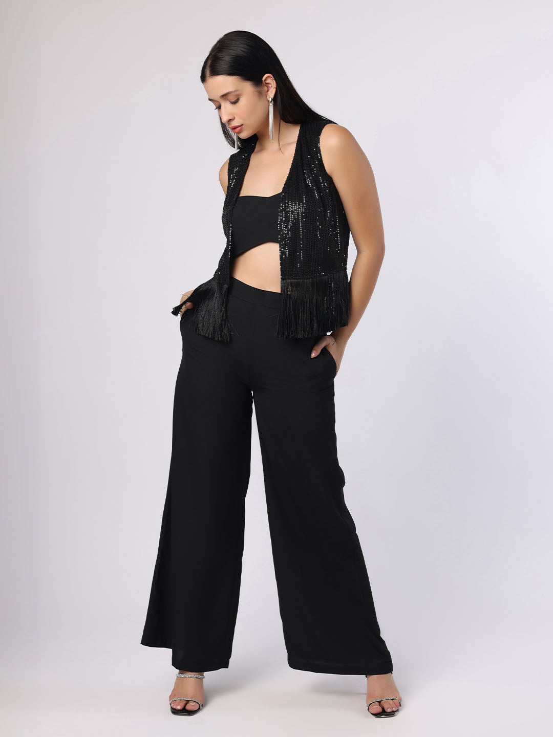 Black Party 3Pc Set With Sequinned Shrug Cami And Trousers