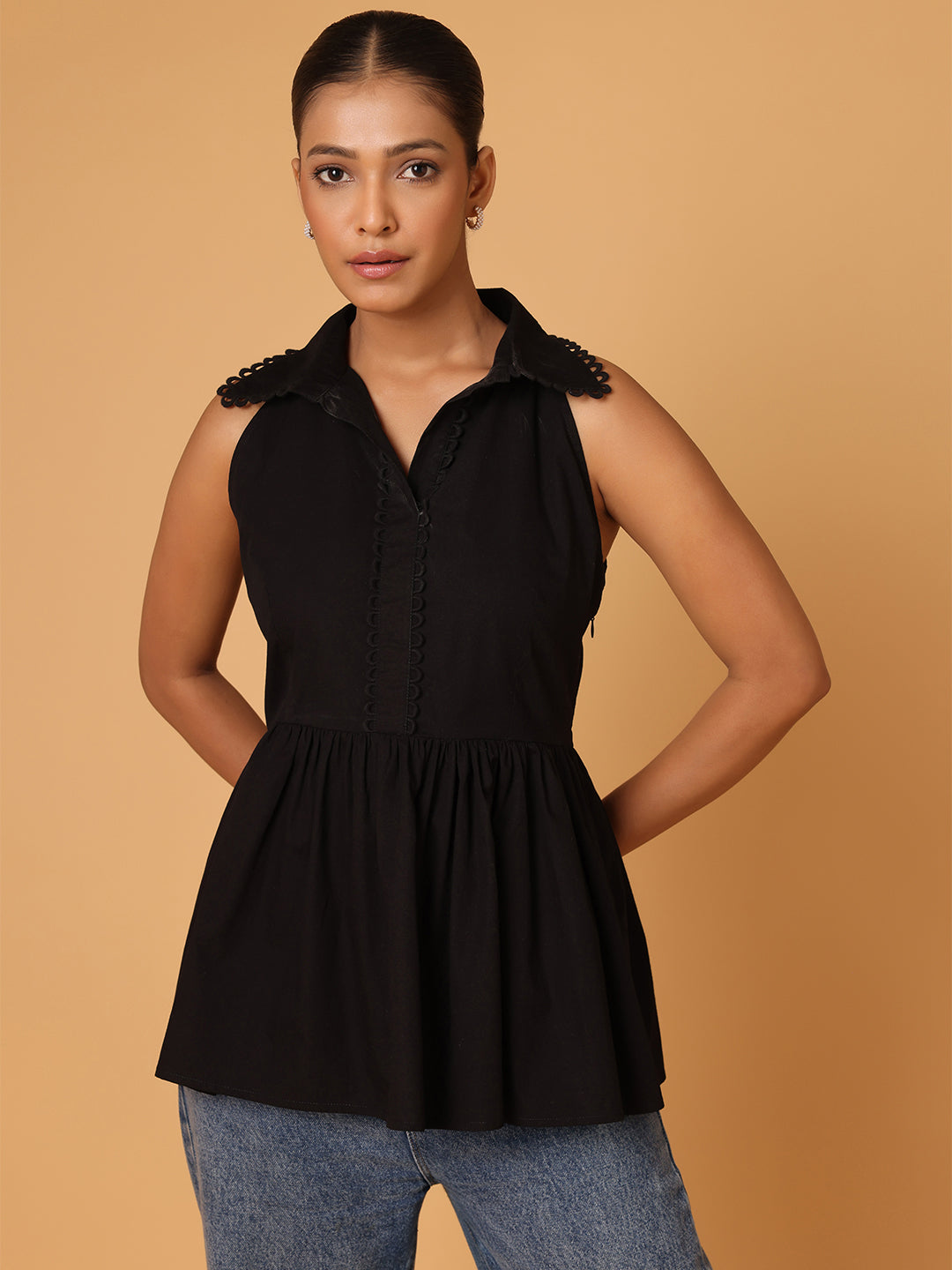 Black Peplum Shirt With Detail At Collar And Placket