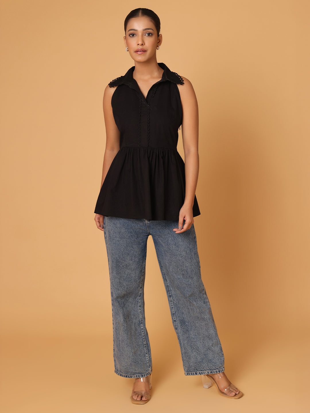 Black Peplum Shirt With Detail At Collar And Placket