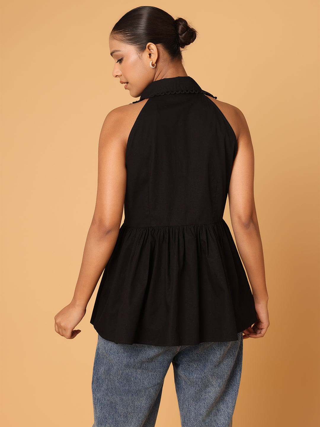 Black Peplum Shirt With Detail At Collar And Placket