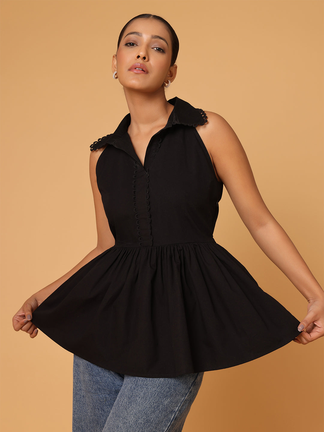 Black Peplum Shirt With Detail At Collar And Placket