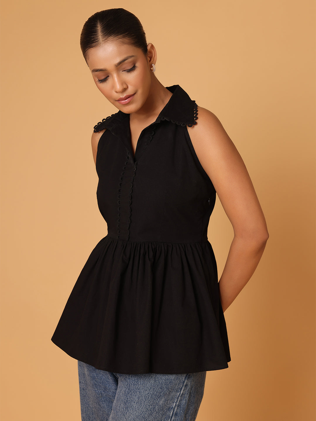 Black Peplum Shirt With Detail At Collar And Placket