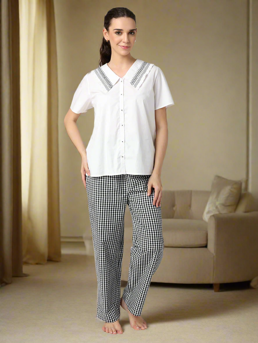 Black & White Checkered Pyjama Set With Smocked Collar White Top