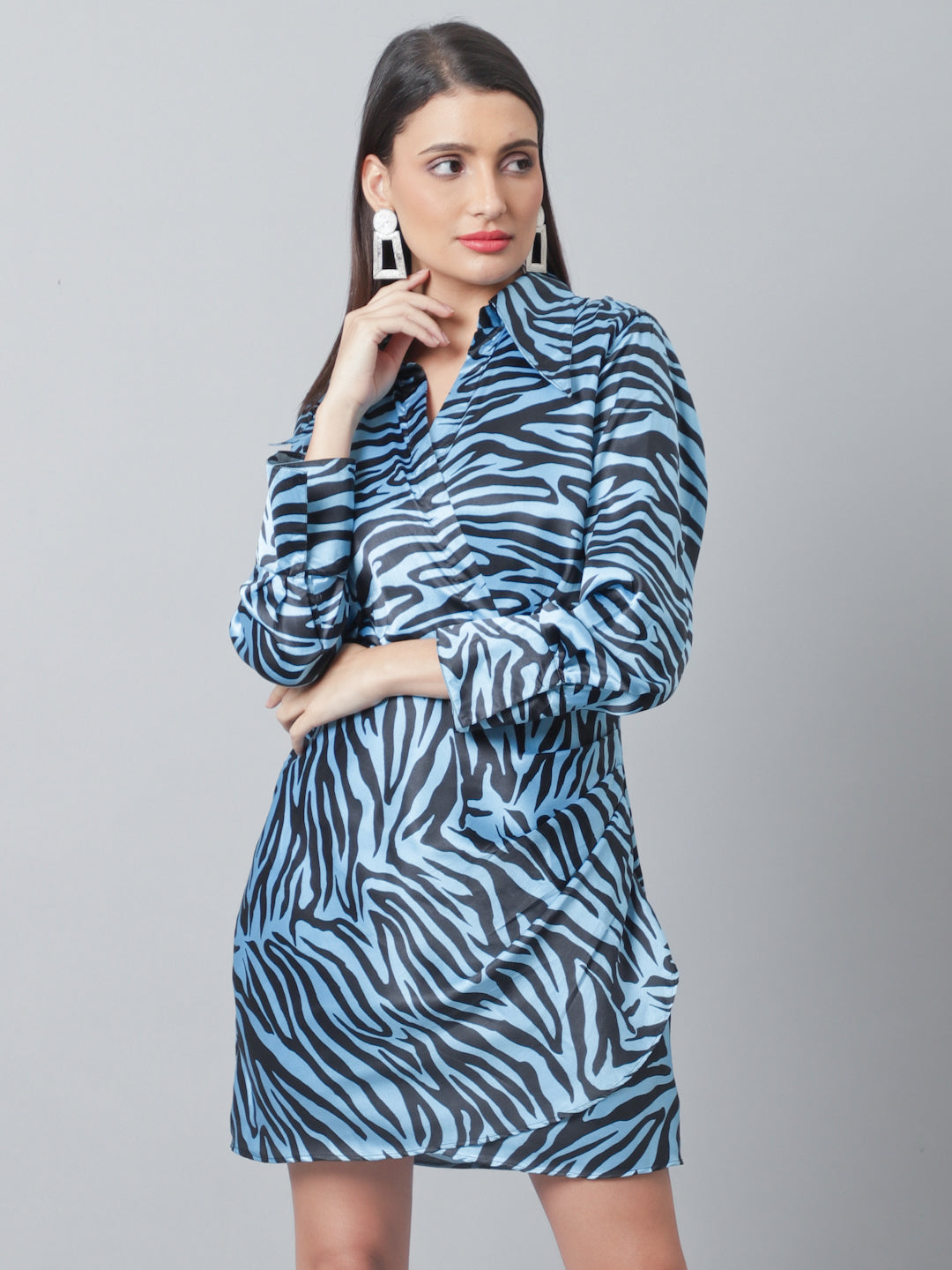 Blanc9 Animal Print Black And Blue Satin Dress-B9DR133