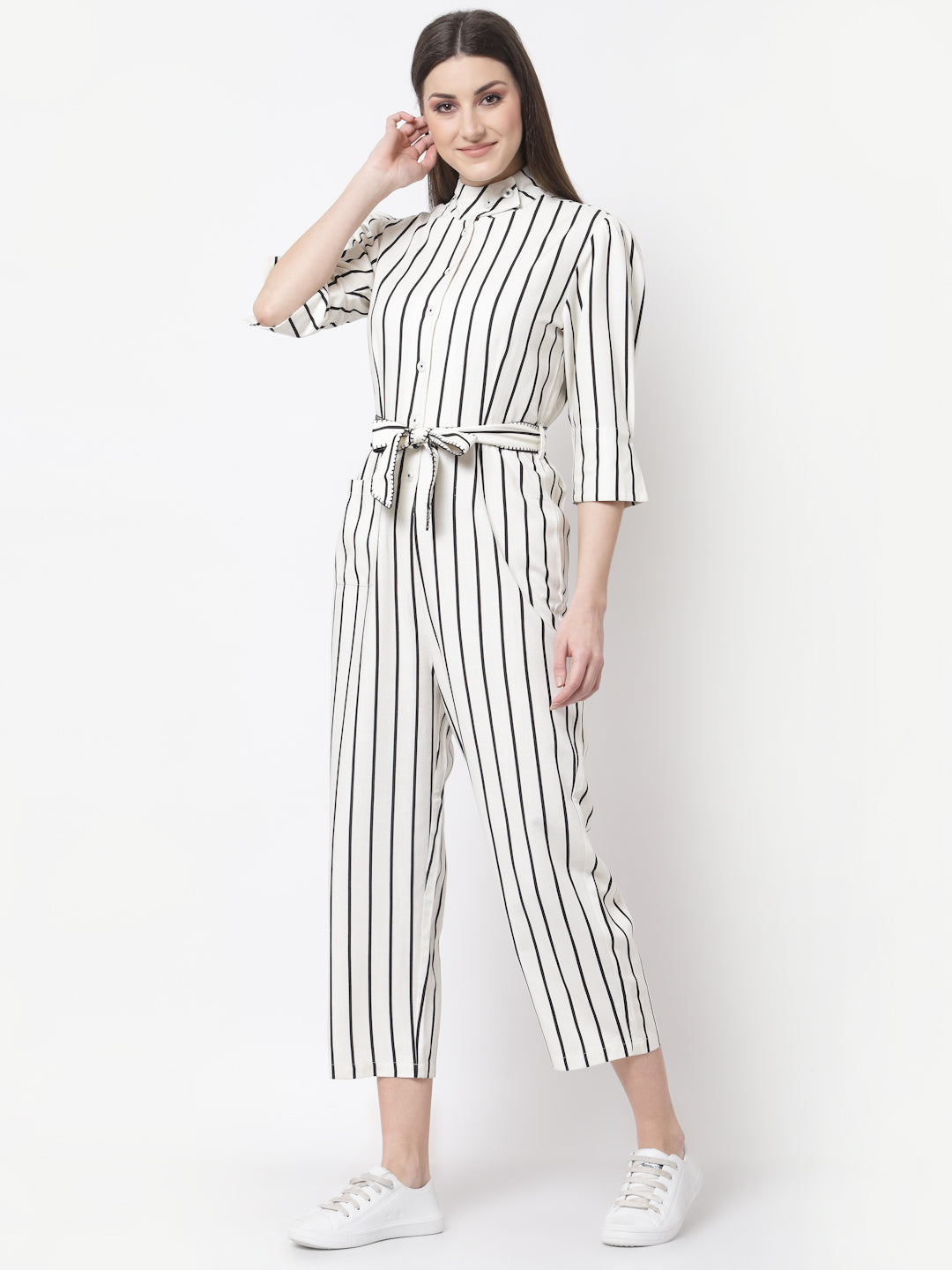 Blanc9 Beige And Black Striper Jumpsuit-B9DR90