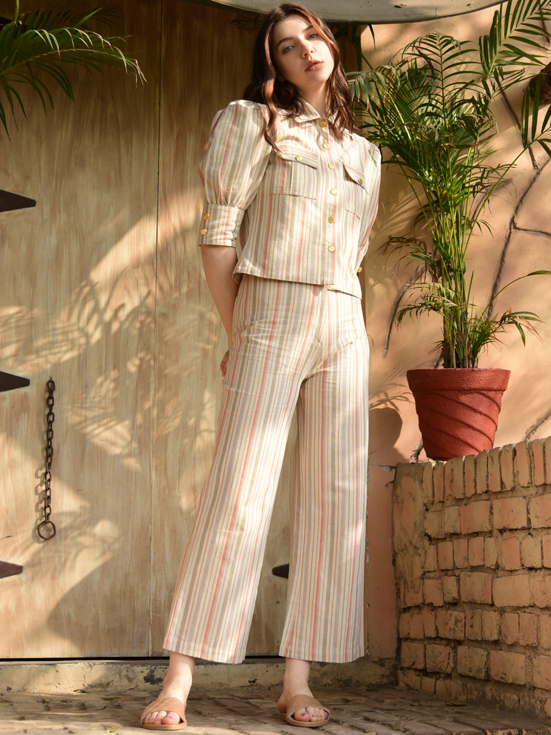Blanc9 Beige Co-Ord Set With Multicolored Stripes