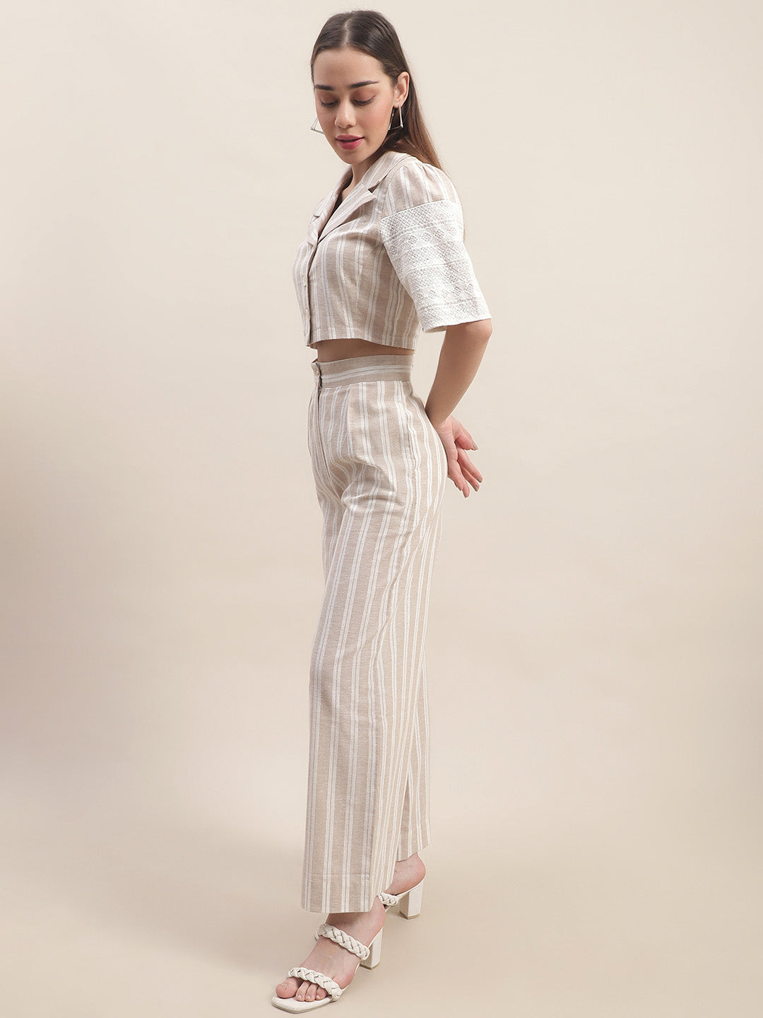 Blanc9 Beige Crop Top With Pants Co-Ord Set