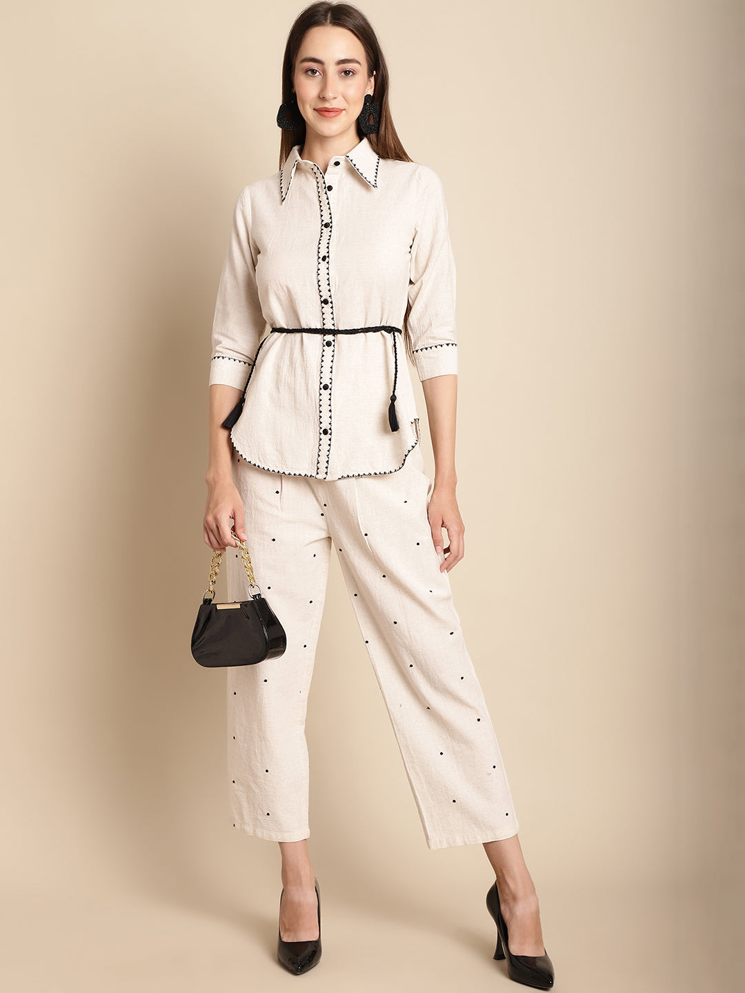 Blanc9 Beige Embroidered Co-Ord Set-B9ST134