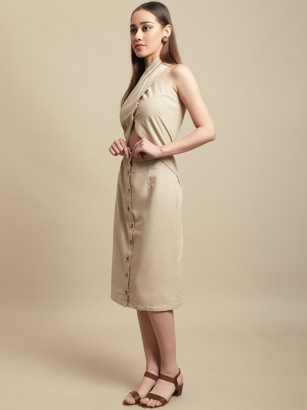 Blanc9 Beige Neck Wrap Dress-B9DR141