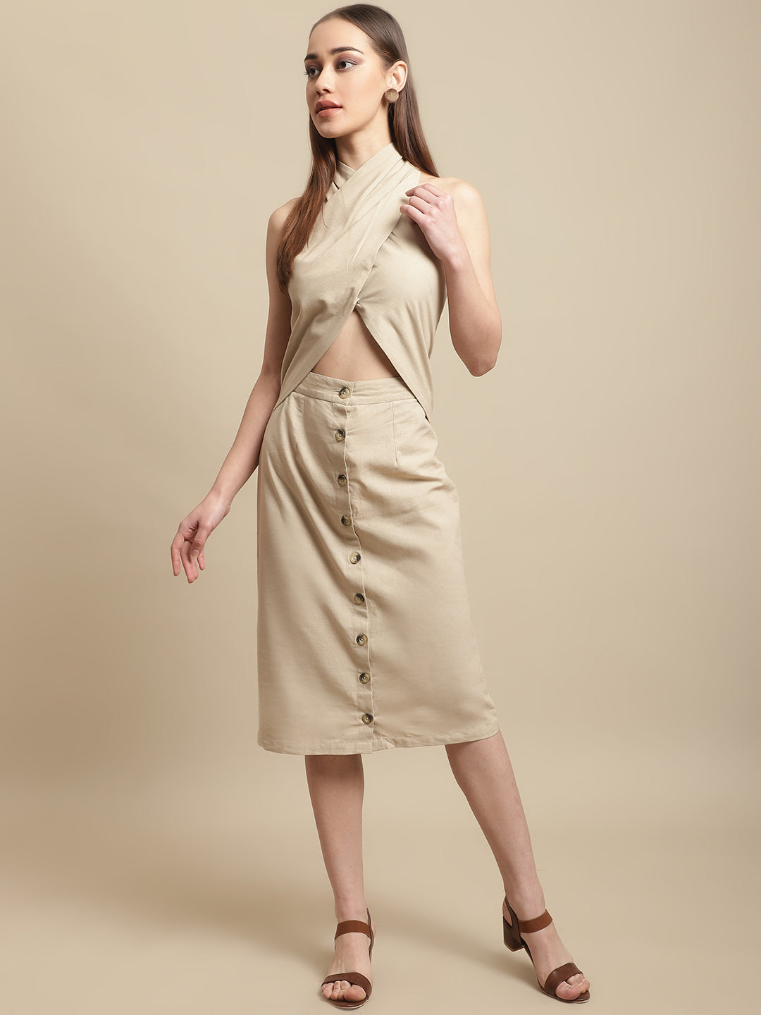 Blanc9 Beige Neck Wrap Dress-B9DR141