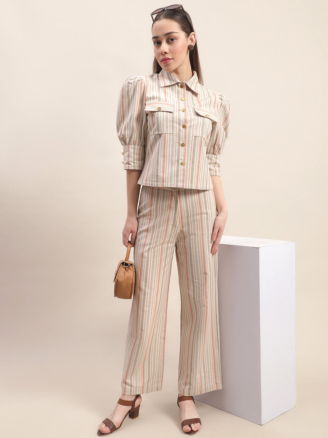 Blanc9 Beige Striped Co-Ord Set