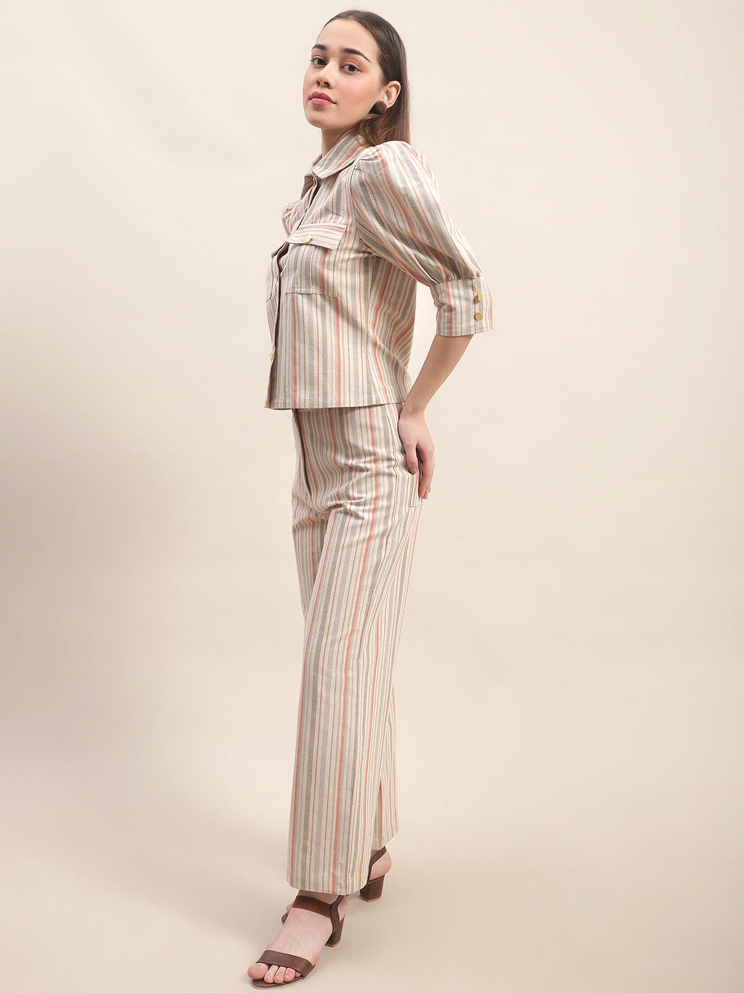 Blanc9 Beige Striped Co-Ord Set