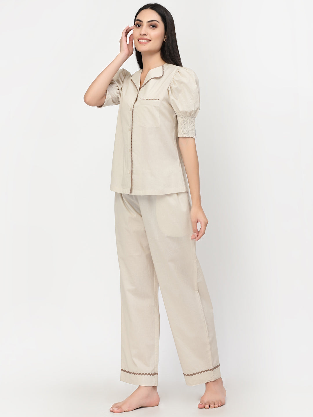 Blanc9 Beige With Light Brown Lace Cotton Pyjama Night Suit-B9NW33BG
