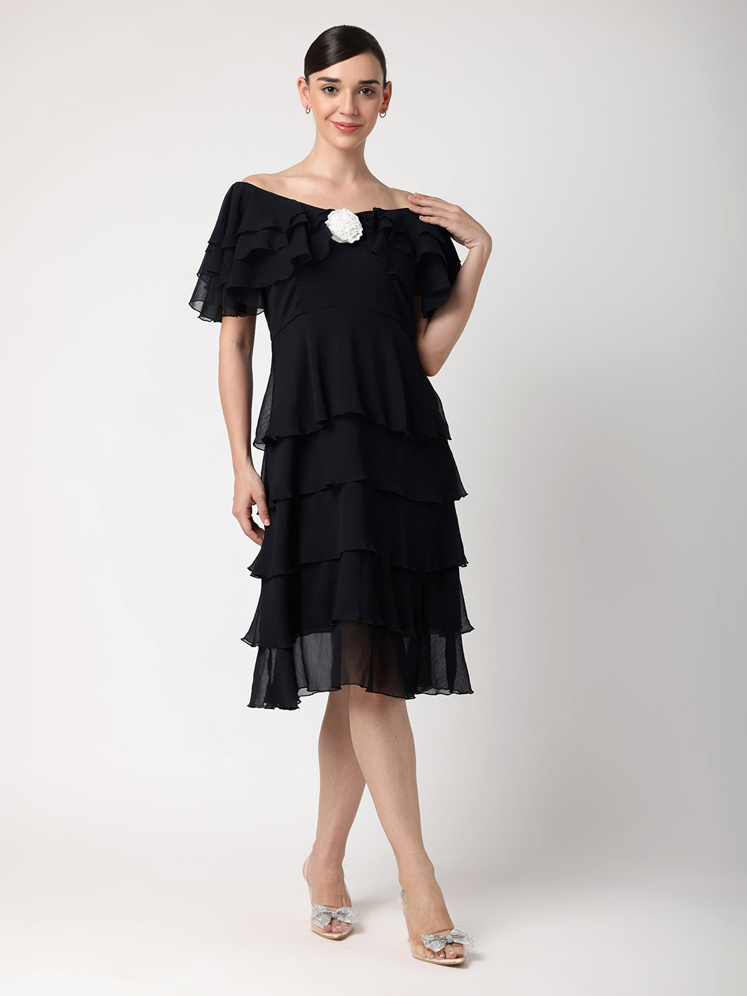 Blanc9BlackChiffonLayeredDressWithWhiteRose