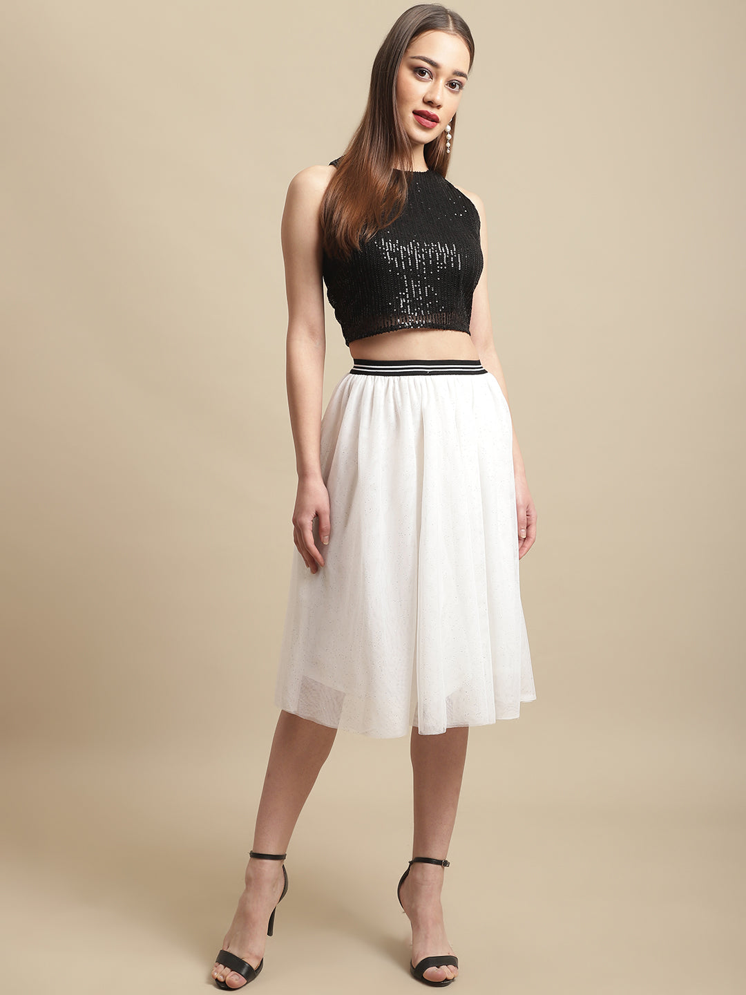 Blanc9 Black Crop Top With Mesh Skirt Co-Ord Set-B9ST94
