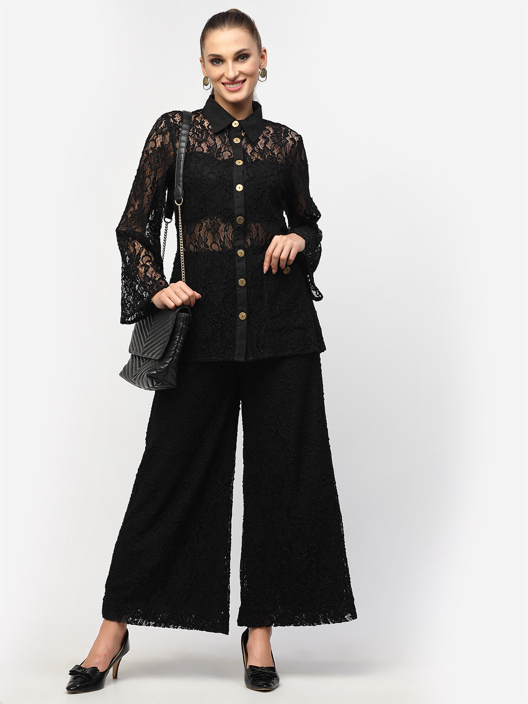Blanc9 Black Floral Laced Shirt With Trousers Co-Ord Set-B9ST73
