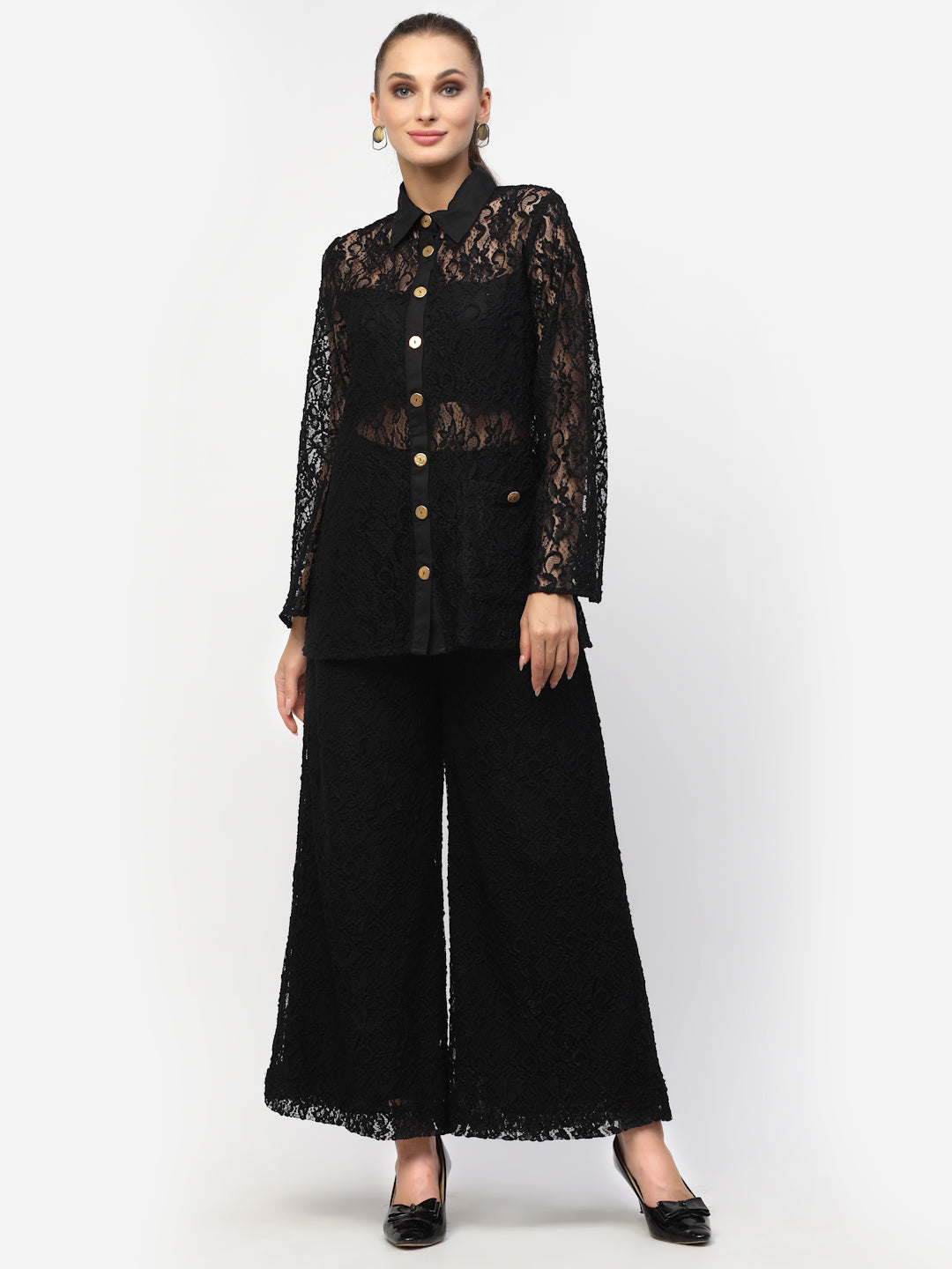 Blanc9 Black Floral Laced Shirt With Trousers Co-Ord Set-B9ST73