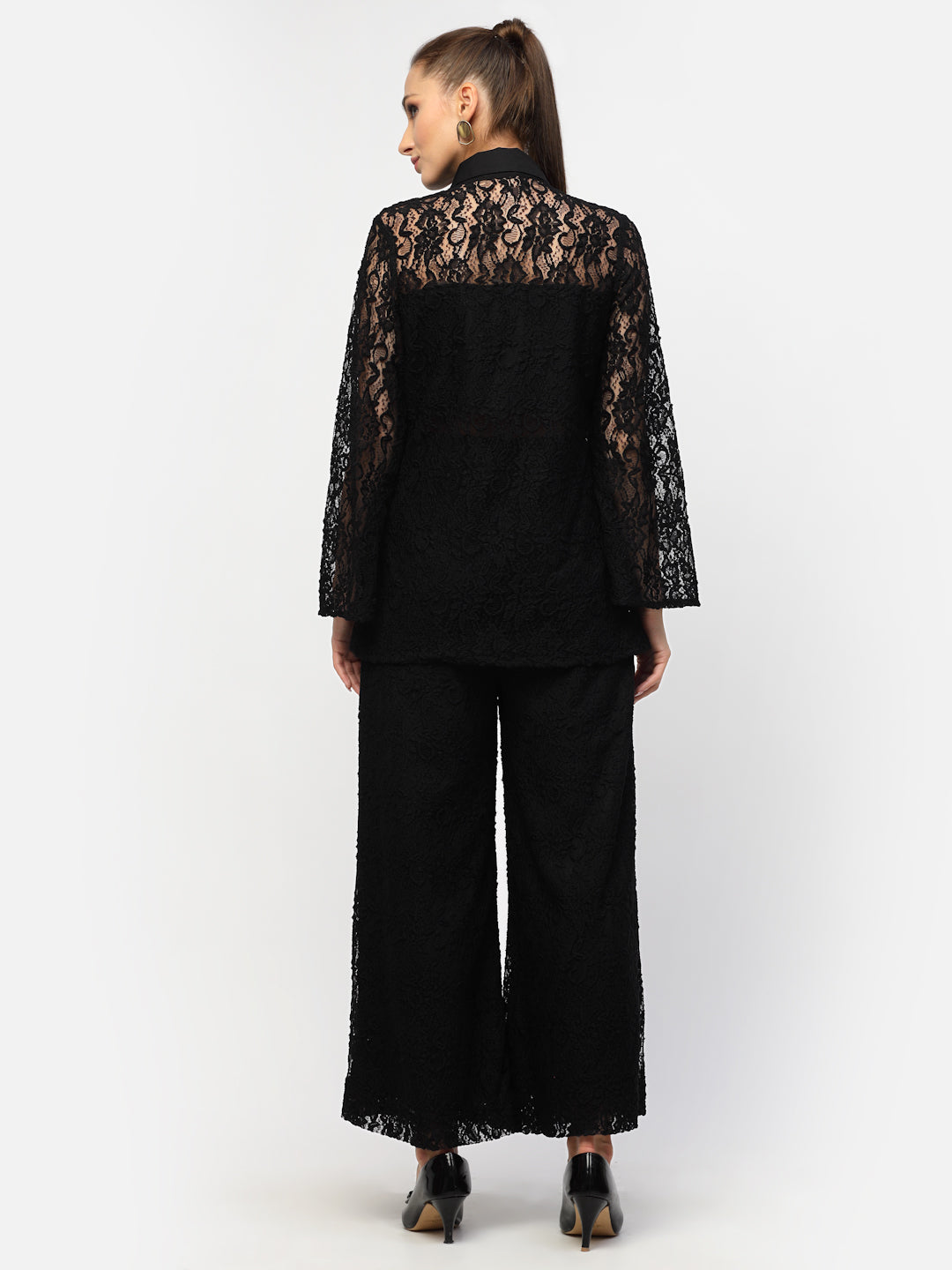 Blanc9 Black Floral Laced Shirt With Trousers Co-Ord Set-B9ST73