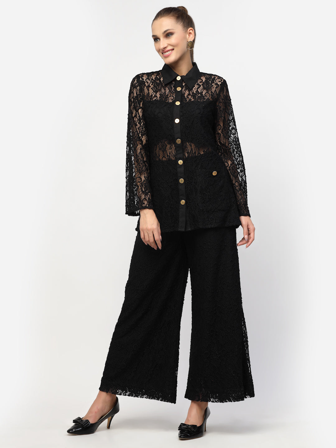 Blanc9 Black Floral Laced Shirt With Trousers Co-Ord Set-B9ST73