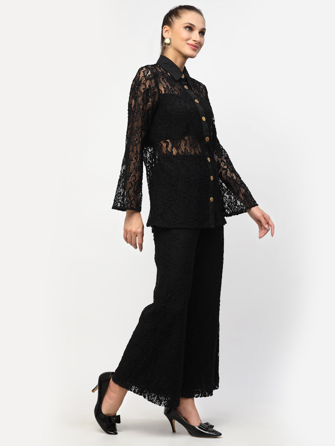 Blanc9 Black Floral Laced Shirt With Trousers Co-Ord Set-B9ST73