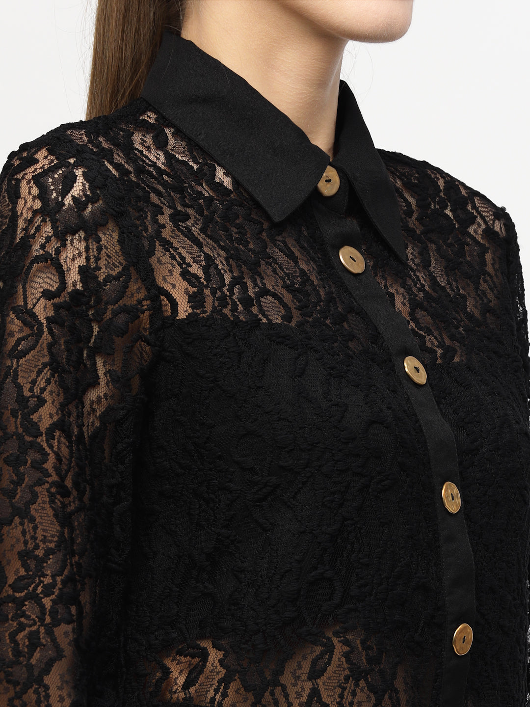 Blanc9 Black Floral Laced Shirt With Trousers Co-Ord Set-B9ST73