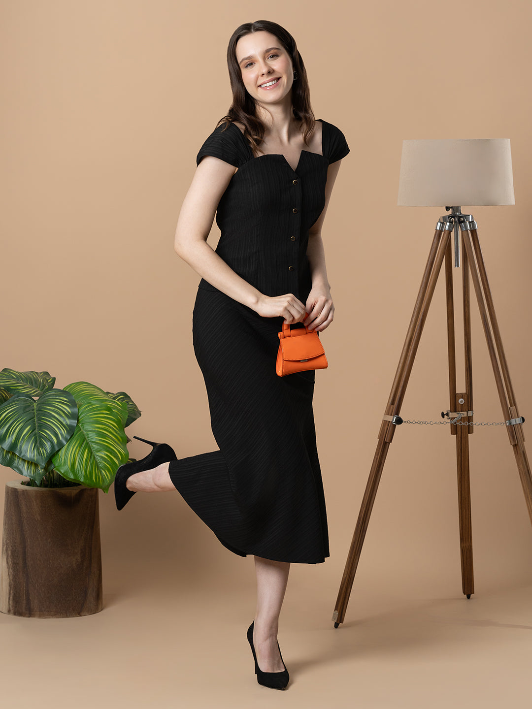 Blanc9 Black Front Open Top with Fish Cut Skirt Co-Ord Set