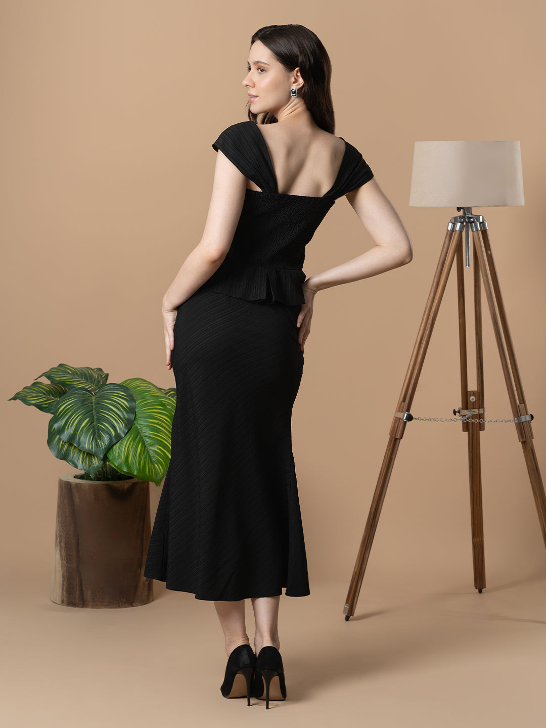 Blanc9 Black Front Open Top with Fish Cut Skirt Co-Ord Set