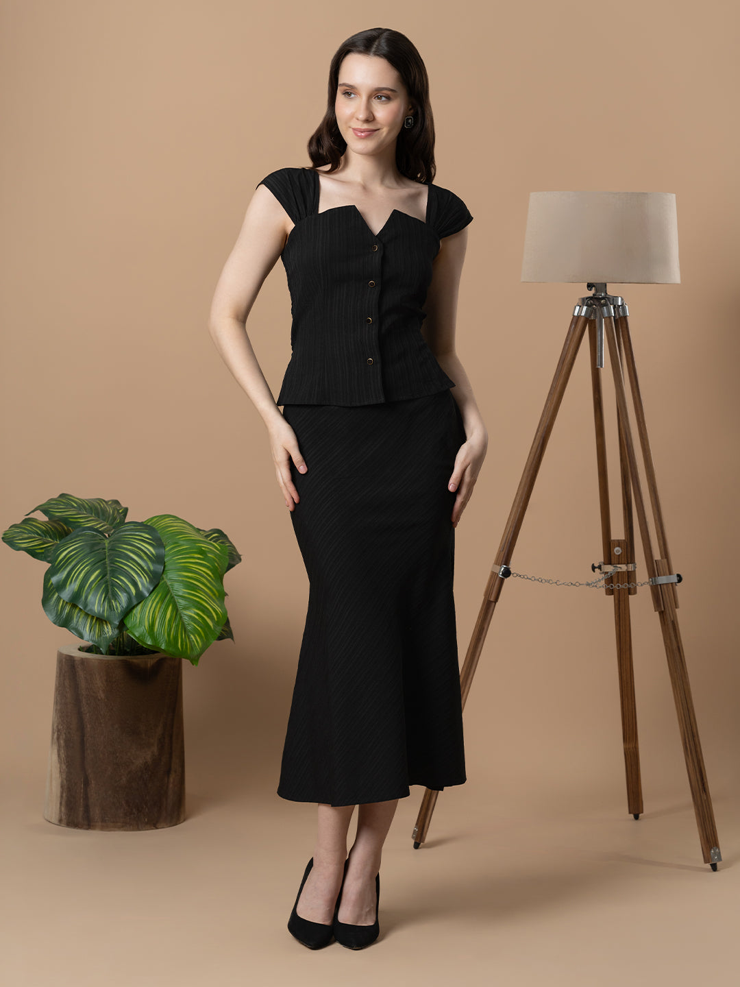 Blanc9 Black Front Open Top with Fish Cut Skirt Co-Ord Set