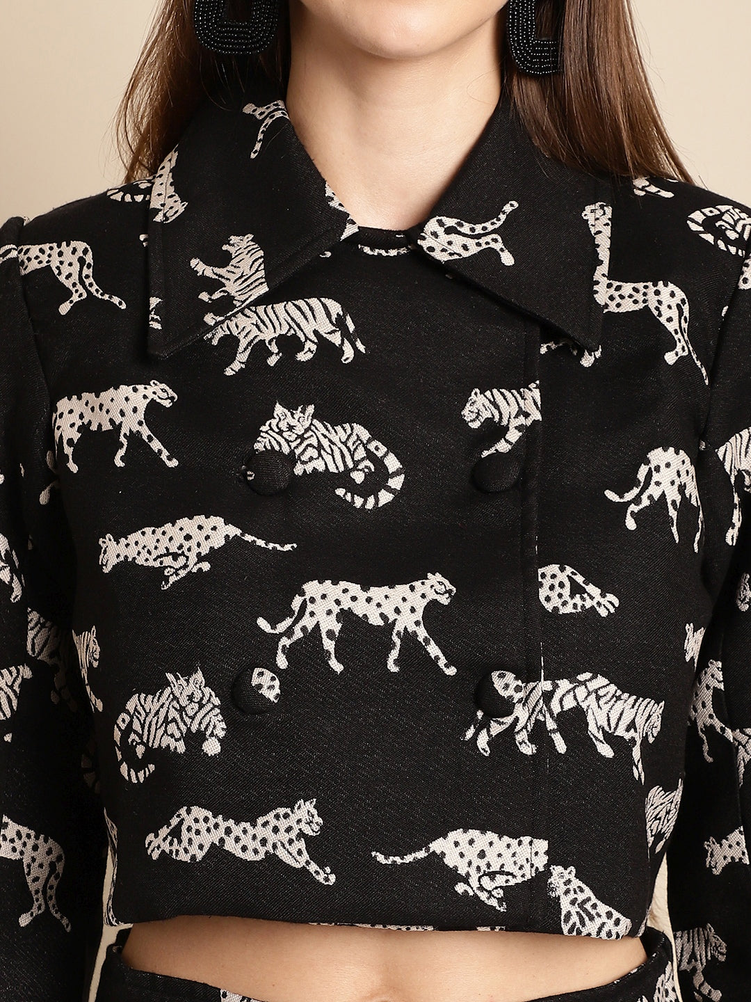 Blanc9 Black Jacquard Tiger Patterned Short Jacket With Pants Co-Ord Set-B9ST03