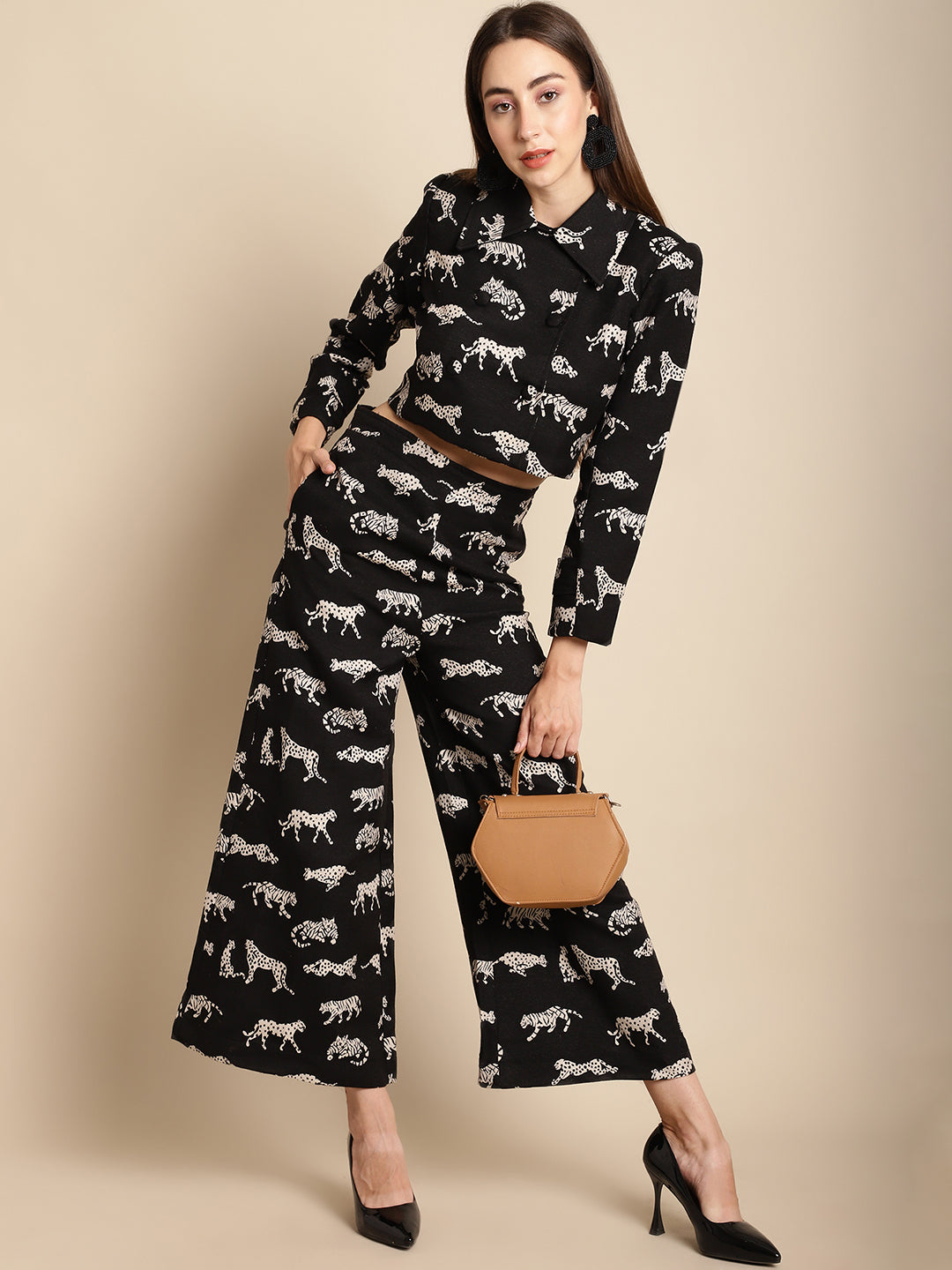Blanc9 Black Jacquard Tiger Patterned Short Jacket With Pants Co-Ord Set-B9ST03